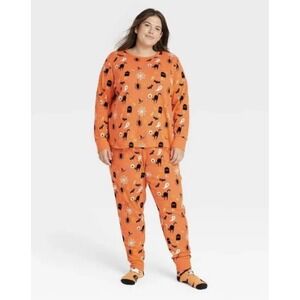 New Hyde and EEK Womens 2XL Pajamas, Orange Halloween Bats Ghosts Spiders